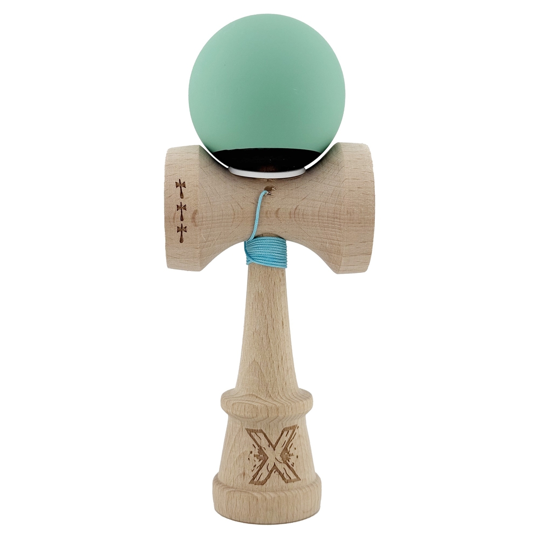 Kendama X Originala, Profesionala, Flippy, Rubber Grip, Cupe Mari KING SIZE V3, Gaura in Baza, Rulment Metalic, din lemn 18 cm, Ata 62/65 cm, Bicolor Turcoaz/Albastru inchis