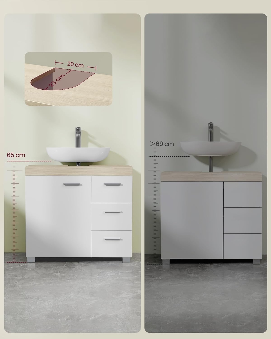VASAGLE Dulap lavoar baie cu 3 sertare si 2 compartimente, MDF, 30x70x64 cm, alb si bej