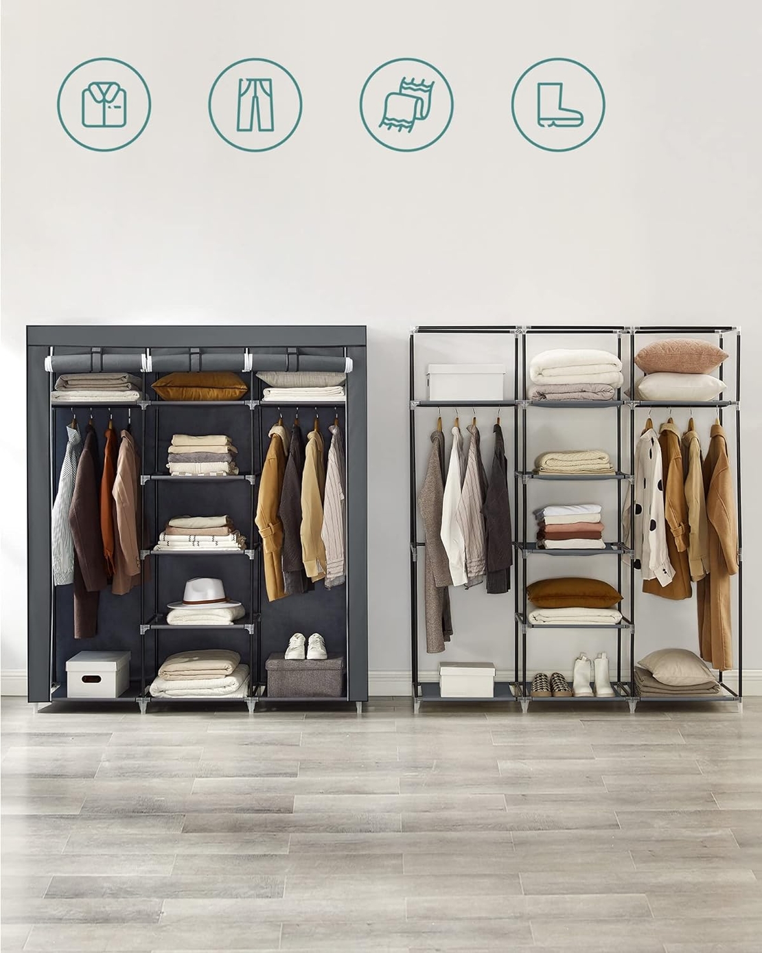 SONGMICS Garderoba pentru depozitarea hainelor, din material textil, cu 3 compartimente, 45x150x175cm, gri
