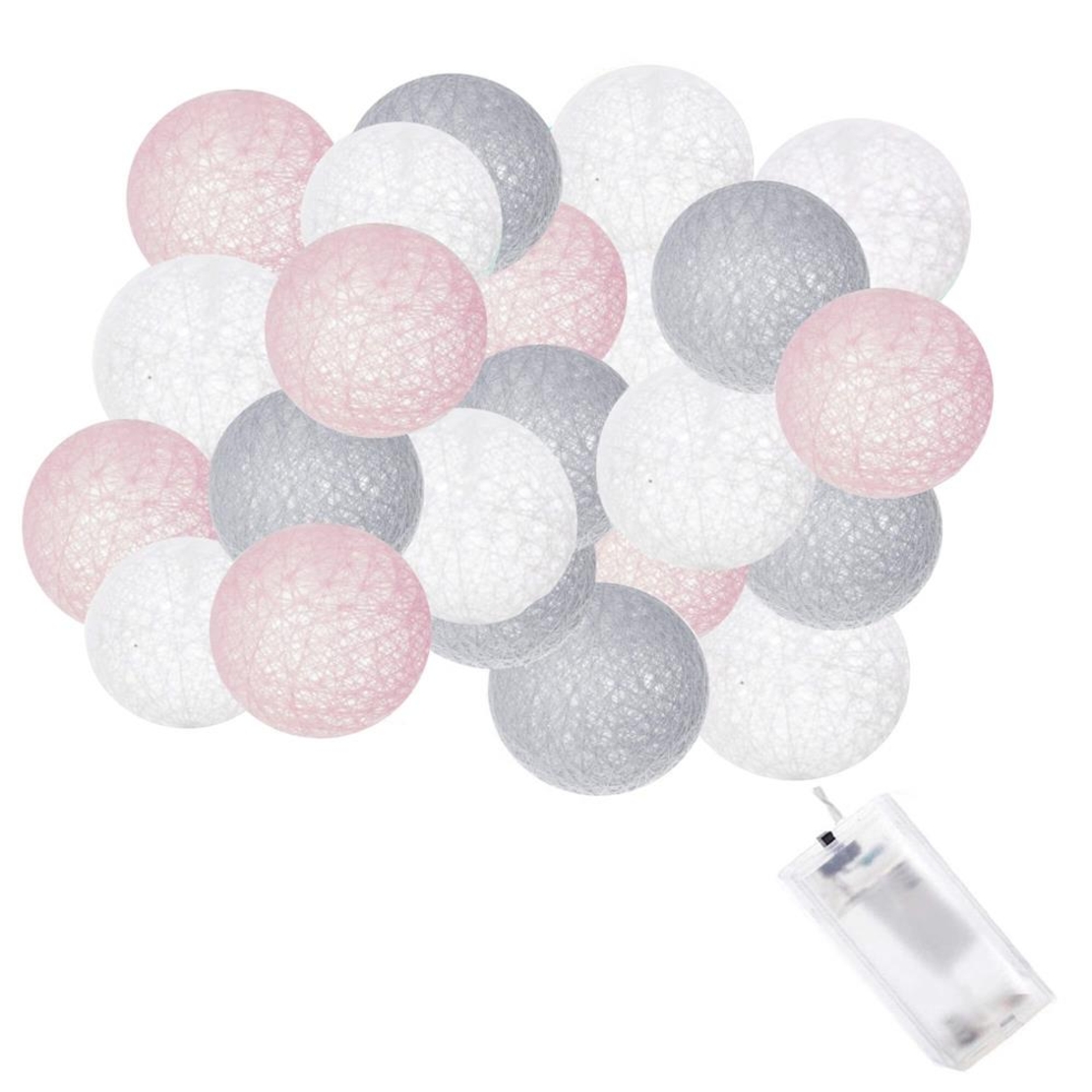 Instalatie decorativa 20 LED, lumina alba calda, 4.1 m, bile roz/alb/gri