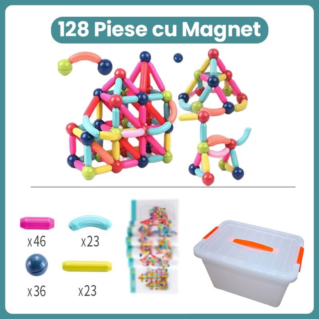 Piese Magnetice pentru Copii, Flippy, Set din 128 de Piese de diferite Culori, Constructor Magnetic cu Posibilitatea de a Construii forme Nelimitate, Multicolor