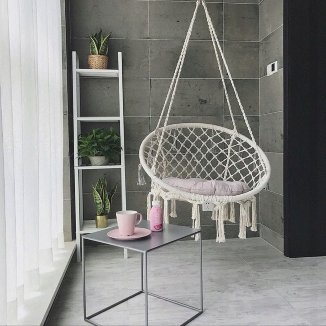 Scaun rotund tip leagan suspendat pentru casa sau gradina, cu franjuri, 150kg, crem