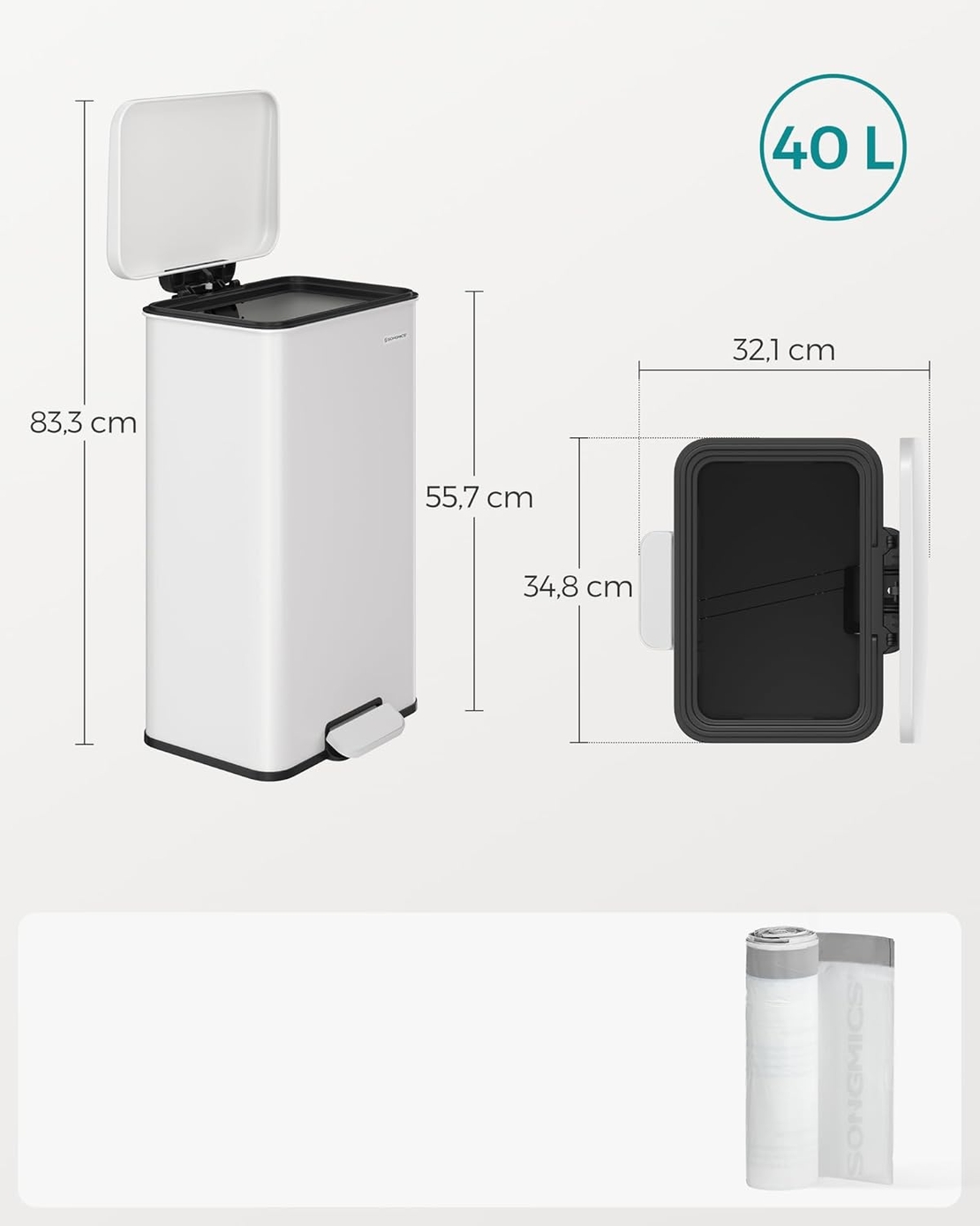 SONGMICS Cos de gunoi din otel, cu pedala si soft-close, saci gunoi inclusi, 40 litri, alb