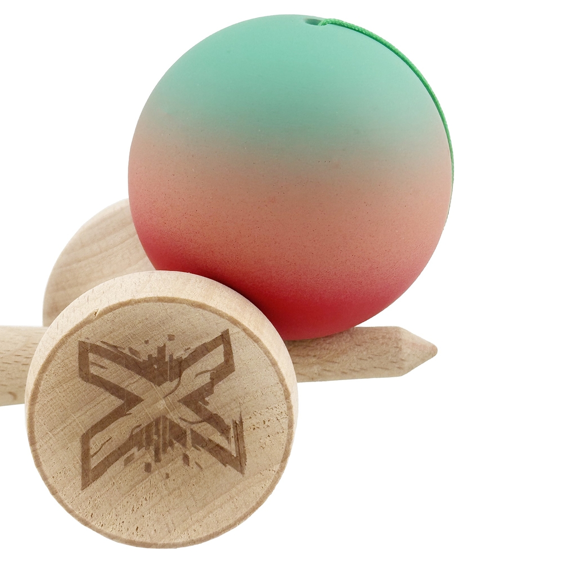 Kendama X Originala, Profesionala, Flippy, Cupe Mari KING SIZE V3, Rubber Grip, Gaura in Baza, Rulment Metalic, din lemn 18 cm, Ata 62/65 cm, Gradient Verde/Roz/Rosu