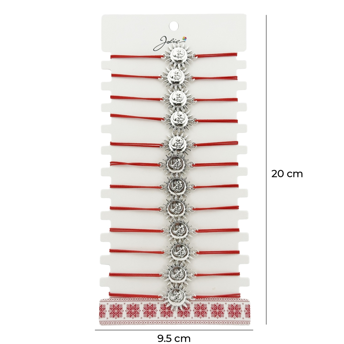 Bratara Martisor pentru Dama, Jolie, Model Soare, Set 12 bucati, Pandativ Argintiu din Inox cu Snur Rosu Ajustabil