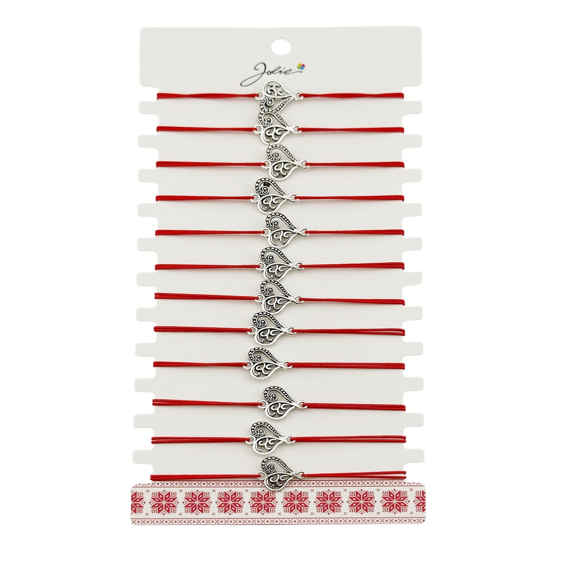 Martisor Bratara Elastica cu Pandantiv din Inox, Jolie, pentru Dama, Set 12 bucati, Snur Rosu Textil, Model Inima Eleganta