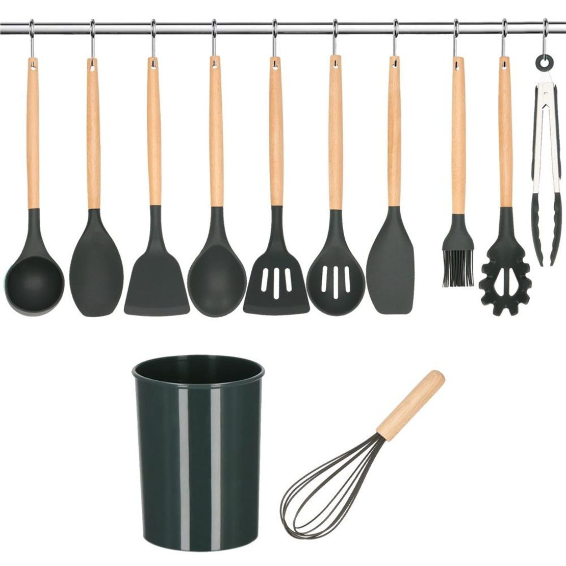Set Sersimo 12 ustensile de bucatarie din silicon termorezistent si maner din bambus, gri