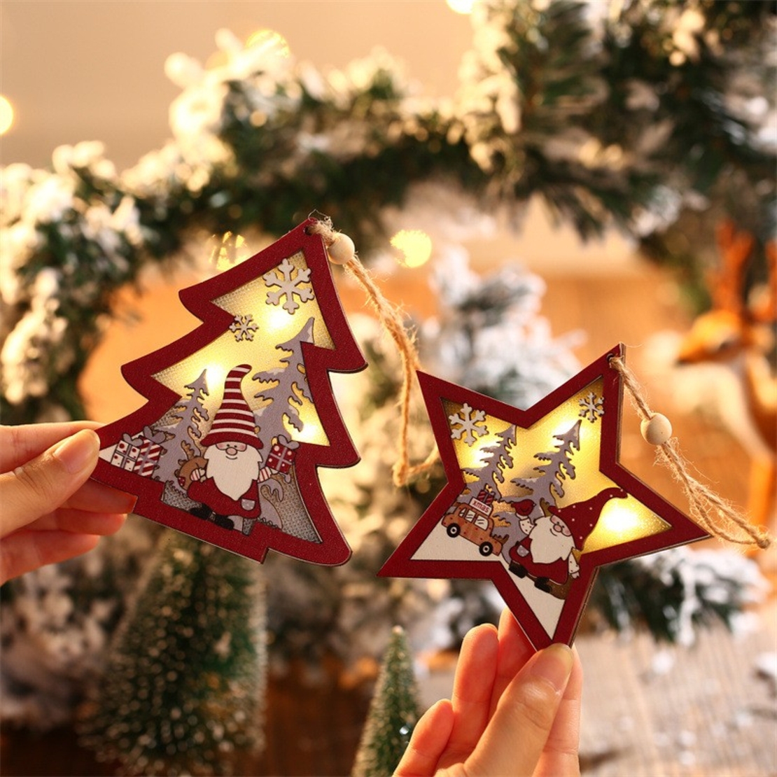 Ornament de Brad, Flippy, cu Lumini LED, din Lemn, Figurina Elf, Model Stea, Multicolor