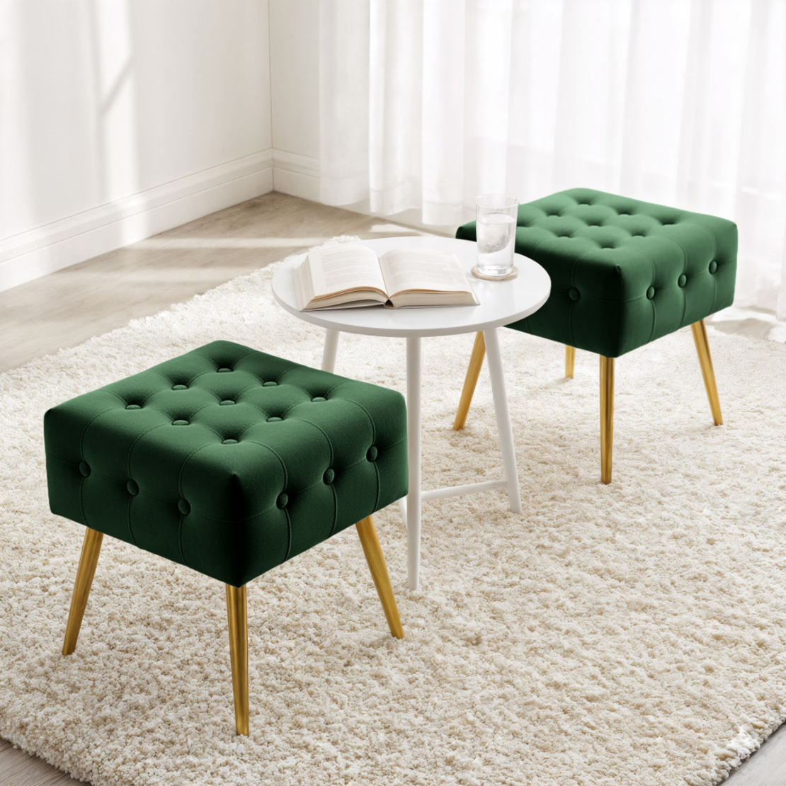 Taburet tapitat Quadra, velur, cu picioare metalice, 40x40x42 cm, verde