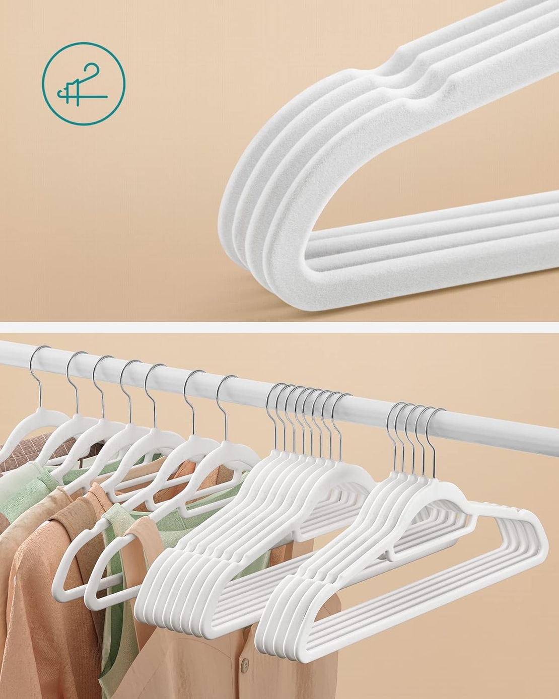 SONGMICS Set de 20 de umerase pentru haine, anti-alunecare cu catifea, bara de cravata si carlig pivotant, 43,5 cm, alb