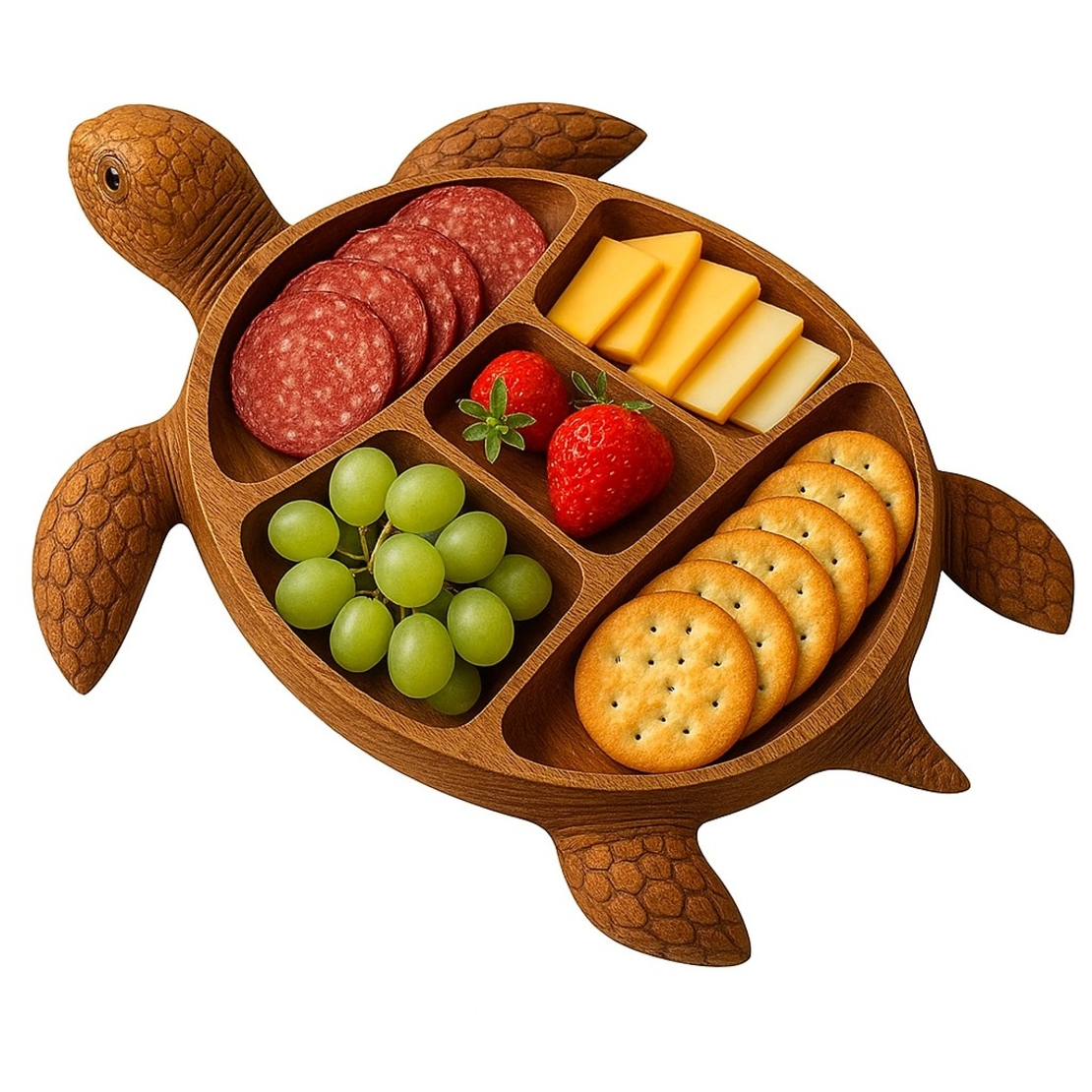 Platou pentru Servire, Vafy, in Forma de Broasca Testoasa, 3 Compartimente pentru Mezeluri, Branzeturi, Snacksuri, Fructe, Design Artistic, din Lemn Masiv, 24 x 24 x 3 cm, Maro
