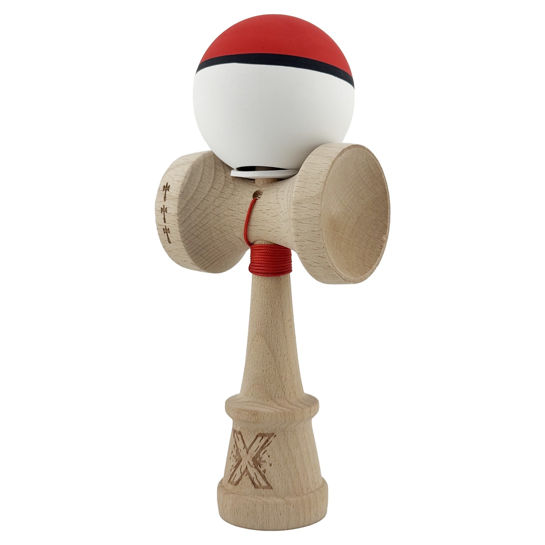 Kendama X Originala, Profesionala, Flippy, Cupe Mari KING SIZE V3, Rubber Grip, Gaura in Baza, Rulment Metalic, din lemn 18 cm, Ata 62/65 cm, S Bicolor Rosu/Alb