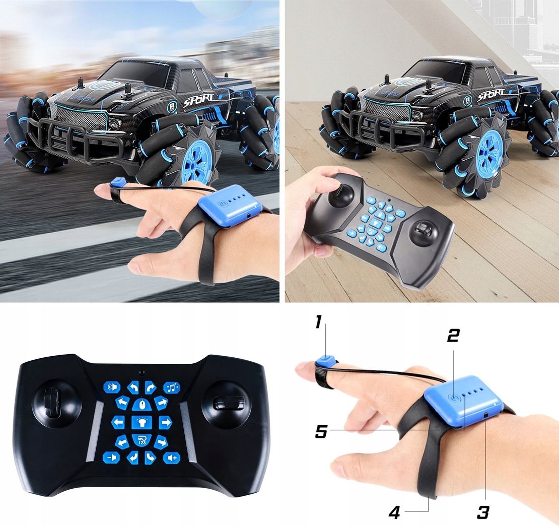 Masina teren 4x4 telecomandata cu role laterale, control gesturi si functie drift, 27x22x13 cm, negru
