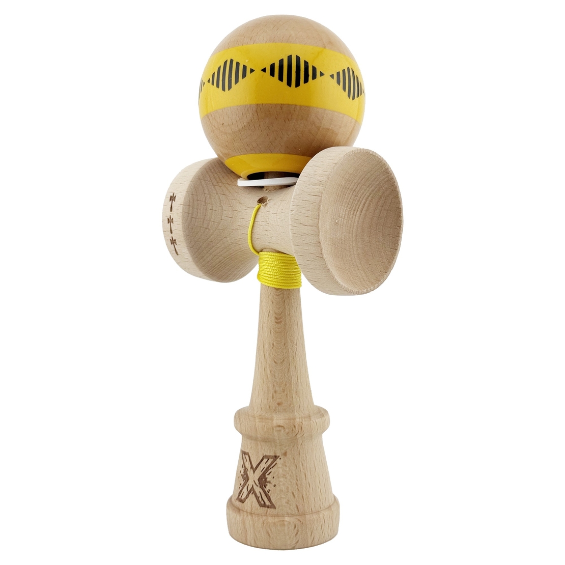 Kendama X Originala FREQUENCY, Profesionala, Flippy, Cupe Mari KING SIZE V3, Super Sticky, Gaura in Baza, Rulment Metalic, din lemn 18 cm, Ata 62/65 cm, Galben/Maro