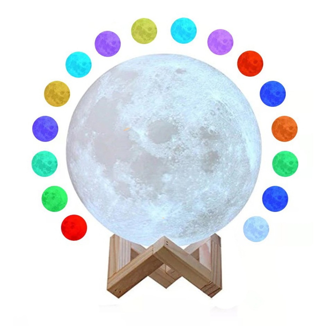 Lampa de veghe luna 3D Moon Light, lumina multicolora cu LED, 7 culori, schimbare culoare prin atingere, alimentare baterii, fara acumulator, stand din plastic inclus, 18 cm, Flippy