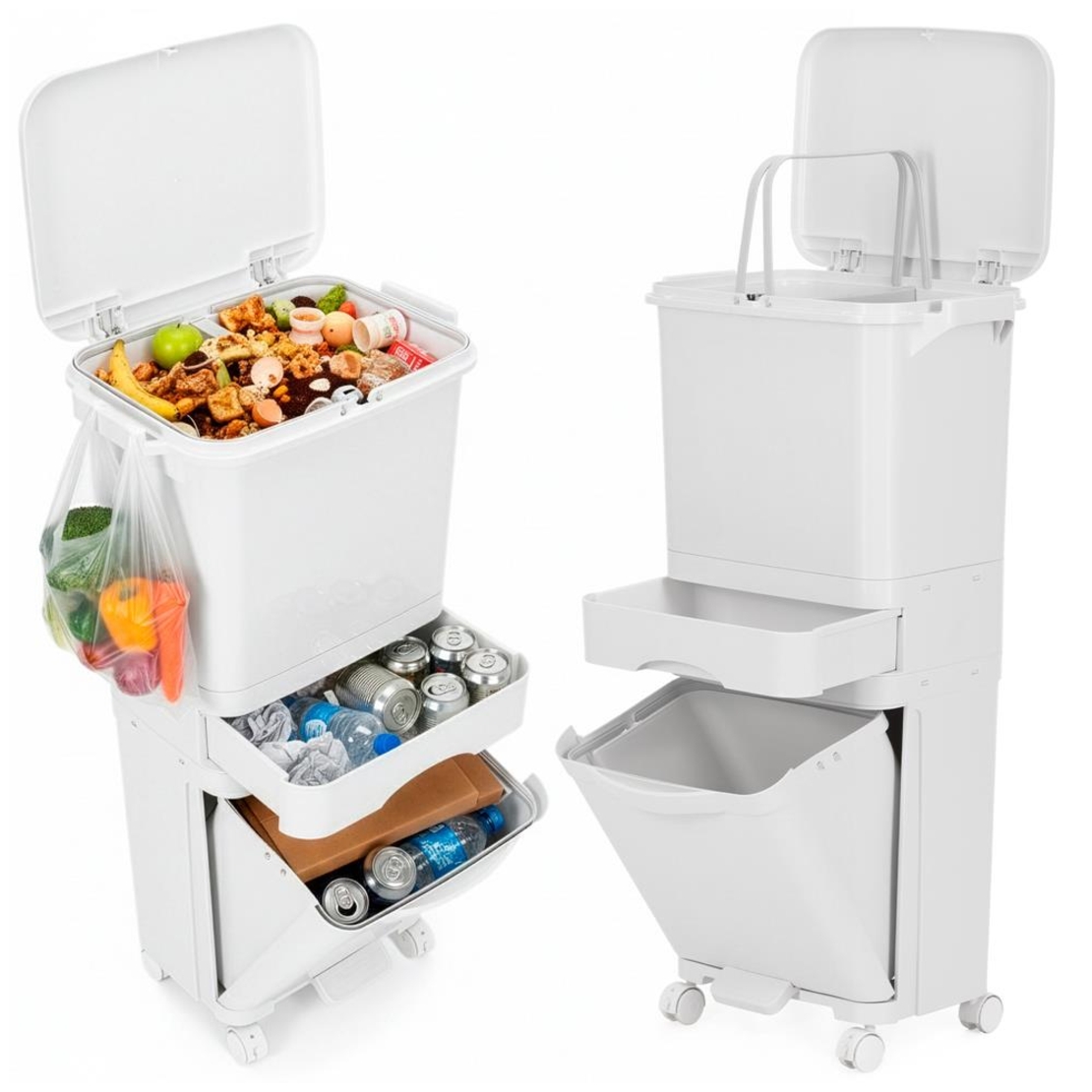 Cos de gunoi pentru colectare selectiva cu 3 compartimente, pe roti, 42 L, alb