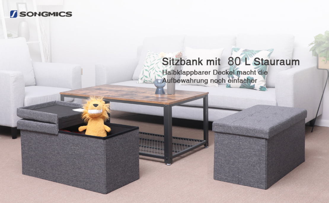 SONGMICS Taburet pliabil cu sezut moale, spatiu de depozitare 80litri, maxim 300kg, 76x38x38cm, gri