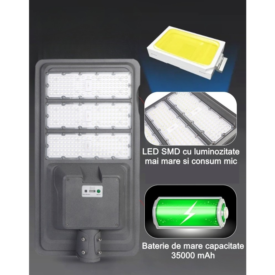 Lampa solara stradala Flippy, IP65, senzor de lumina, 306 LED-uri SMD, 3000 lm, panou 40W, putere 300W, autonomie 12-16 ore, telecomanda, montare prin fixare, pentru strada sau gradina, finisaj mat, material ABS, 70.3 x 36.5 x8.7 cm, lumina alb rece, gri