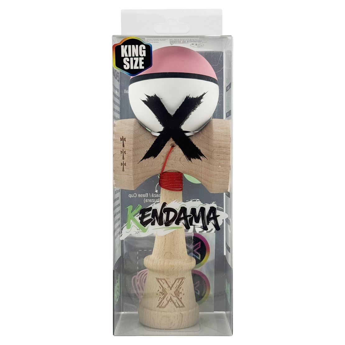Kendama X Originala, Profesionala, Flippy, Cupe Mari KING SIZE V3, Rubber Grip, Gaura in Baza, Rulment Metalic, din lemn 18 cm, Ata 62/65 cm, S Bicolor Roz/Alb