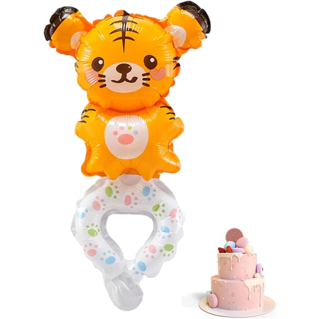 Balon din Folie Metalizata, Vafy, Figurine Animalute, Tip Bratara, Model Tigru, 17x34 cm, Ambalaj Individual, Pai Inclus, Umflare cu Aer sau Heliu, Maro