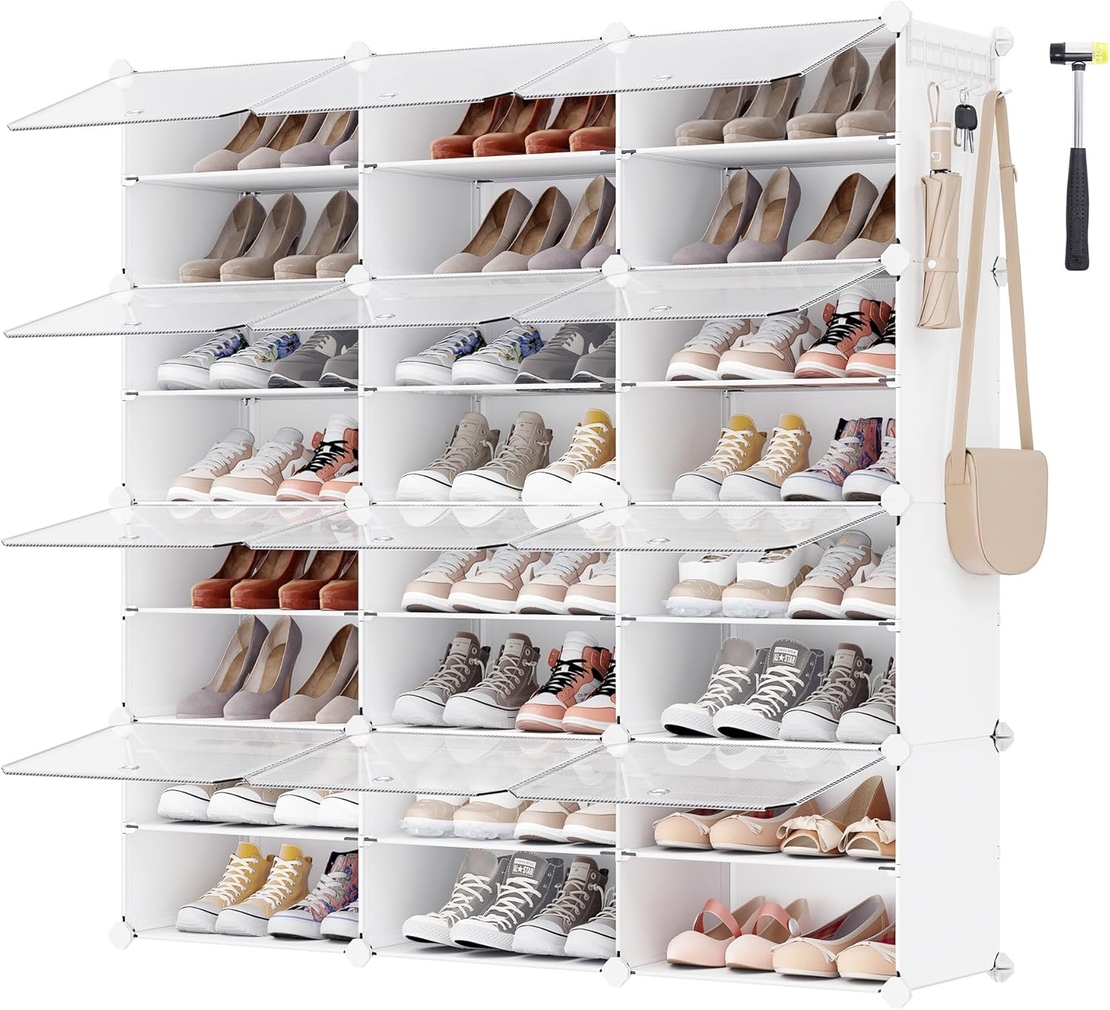 SONGMICS Organizator pantofi modular cu 12 compartimente, cadru metalic si panouri din plastic, cu usi, 124x32x125 cm, alb