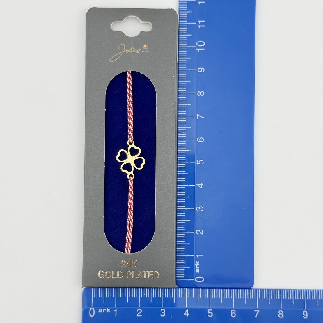 Bratara Placata cu Aur 24k, Jolie, Model TRIFOI, Martisor Bratara, cu Snur Alb/Rosu, Auriu