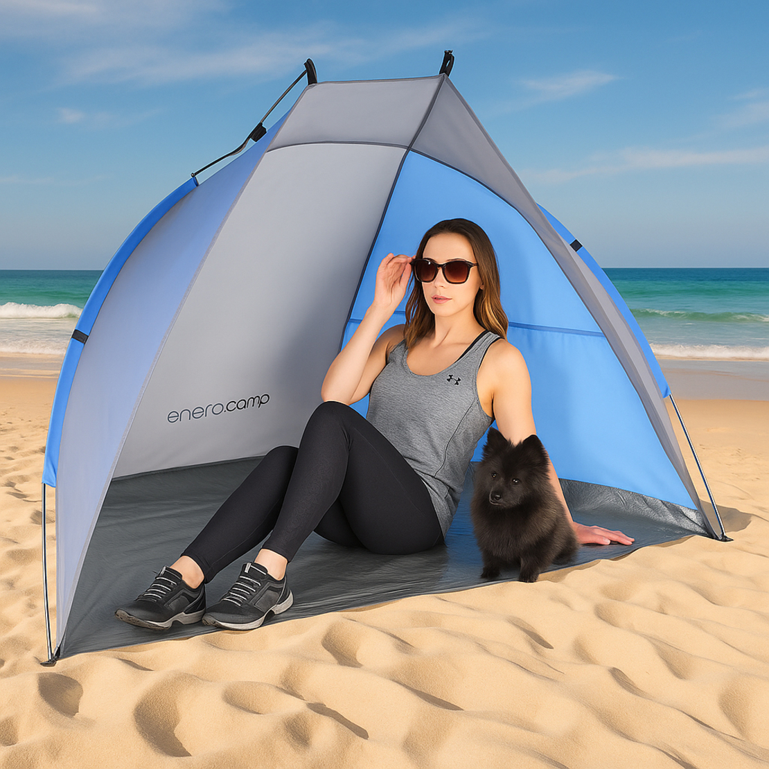 Cort plaja pentru 2 persoane, cu protectie UV si podea izolanta, 200x100x105 cm, albastru si gri