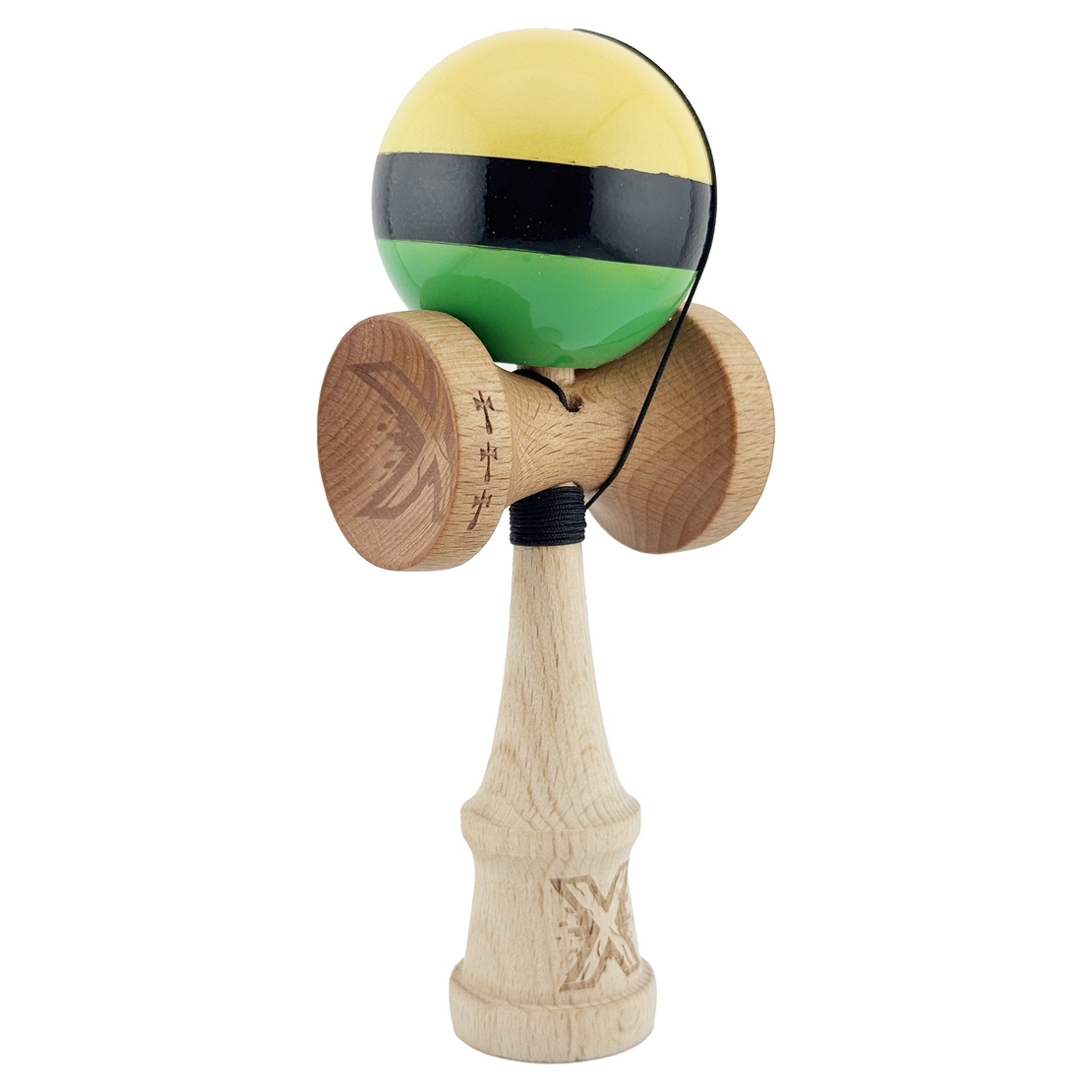 Kendama X Originala, Profesionala, Flippy, Big Cups V2, Super Sticky cu Cupe Mari, din lemn 18 cm, Rulment Metalic cu Ata 55 cm, Galben/Negru/Verde