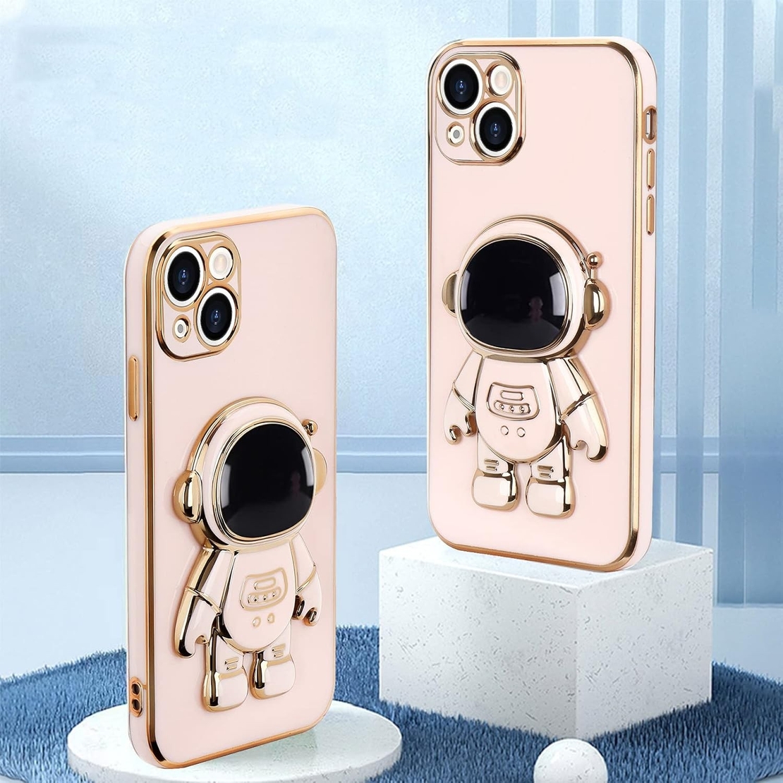 Husa de Protectie TPU 2in1, Vafy, pentru Apple iPhone 15, Astronaut cu Suport, Antisoc, Rezistenta la Impact, Protectie Camera, Roz