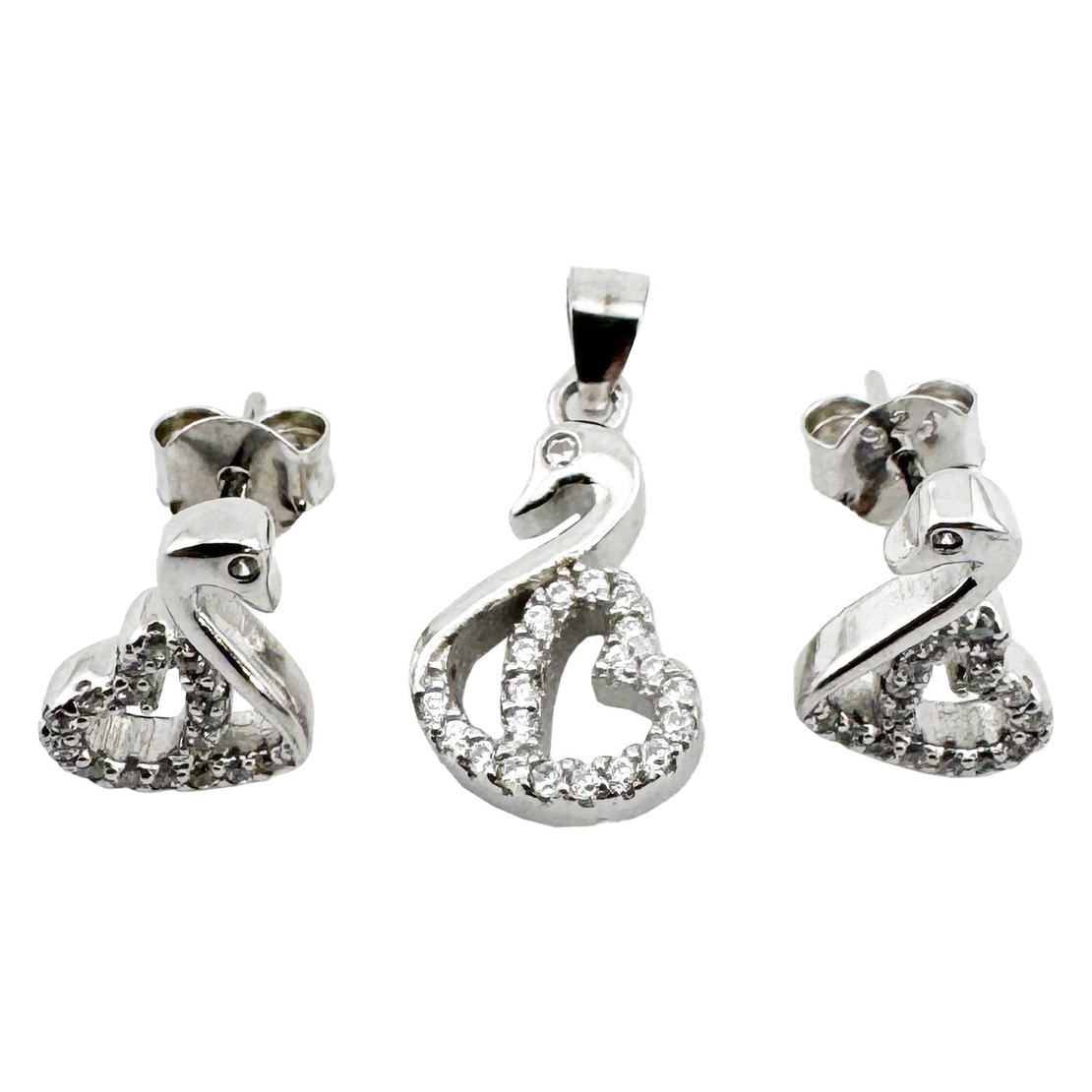Set Pandativ cu Cercei pentru Dama, Jolie, Argint 925, Model Lebada cu Pietre, 2.7g, 1 cm x 1 cm, Argintiu