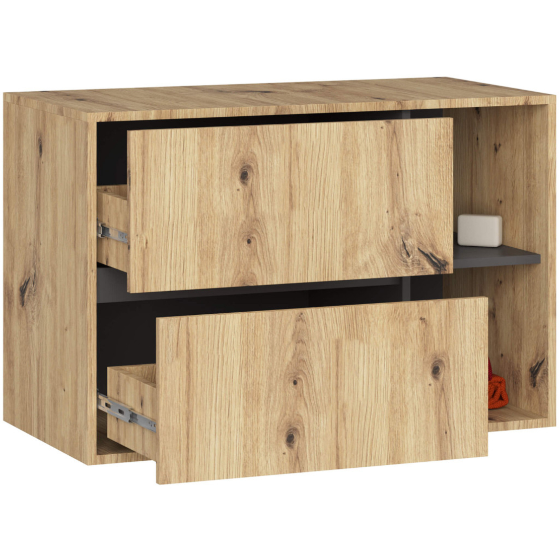 Etajera de baie suspendata, cu 2 sertare, PAL 16 mm, 90x46x60 cm, stejar artisan si gri