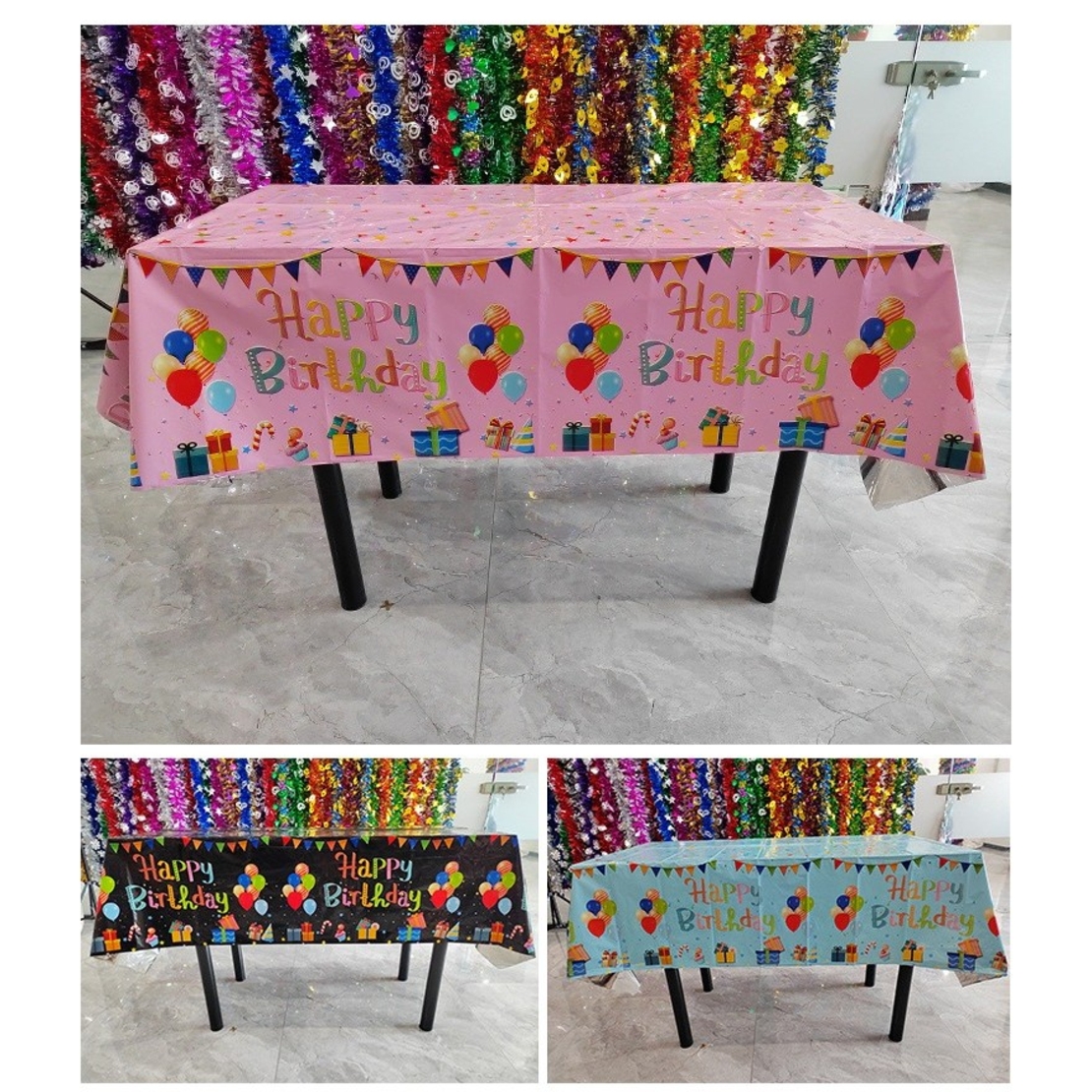 Fata de Masa, Flippy, din Folie, Imprimeu Happy Birthday cu Baloane, 137 x 274 cm, Roz