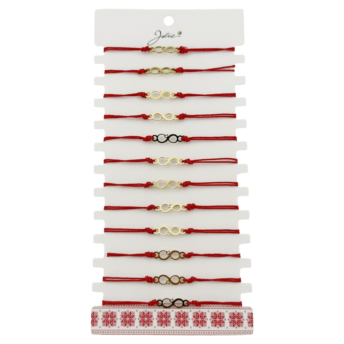 Bratara Martisor pentru Dama, Jolie, Model Infinit, Set 12 bucati, Pandativ din Inox Auriu, Snur Ajustabil Impletit, Rosu