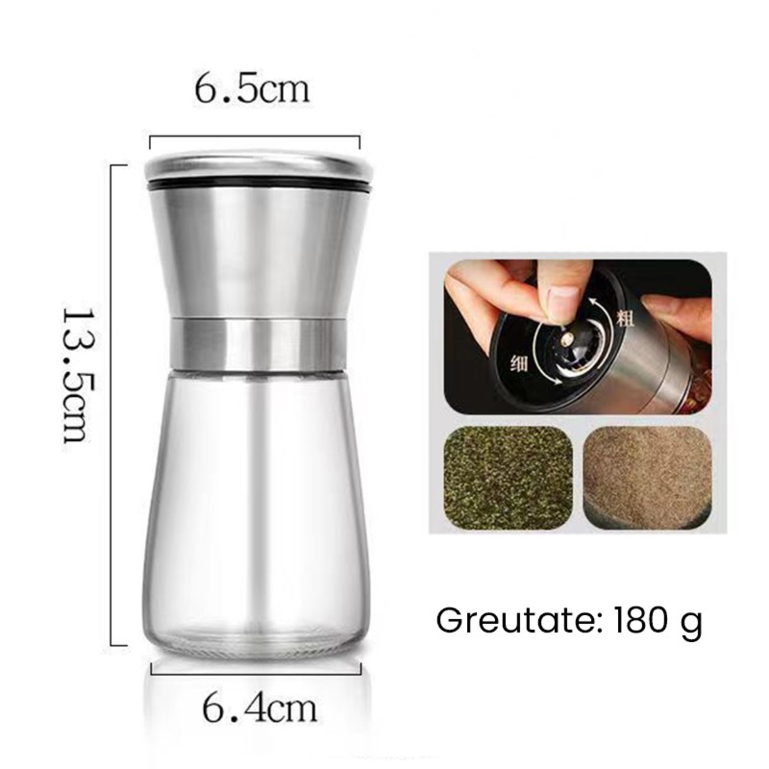 Rasnita Manuala pentru boabe, Vafy, Rasnita pentru Piper Sare Cafea, din Sticla cu Otel inoxidabil, 13.5 x 6.5 cm, volum 180 ml, Transparenta cu Capac din Inox