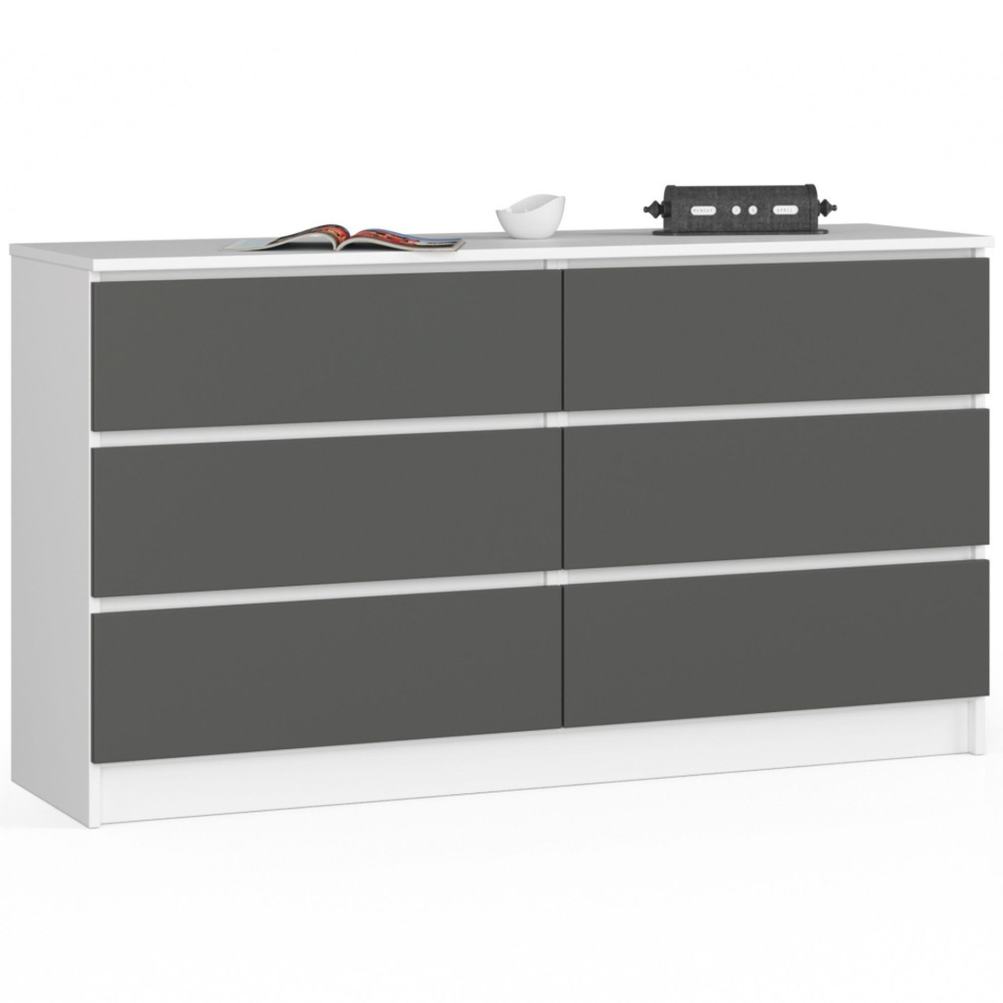 Comoda cu 6 sertare, PAL laminat, 138x40x77 cm, alb si gri grafit