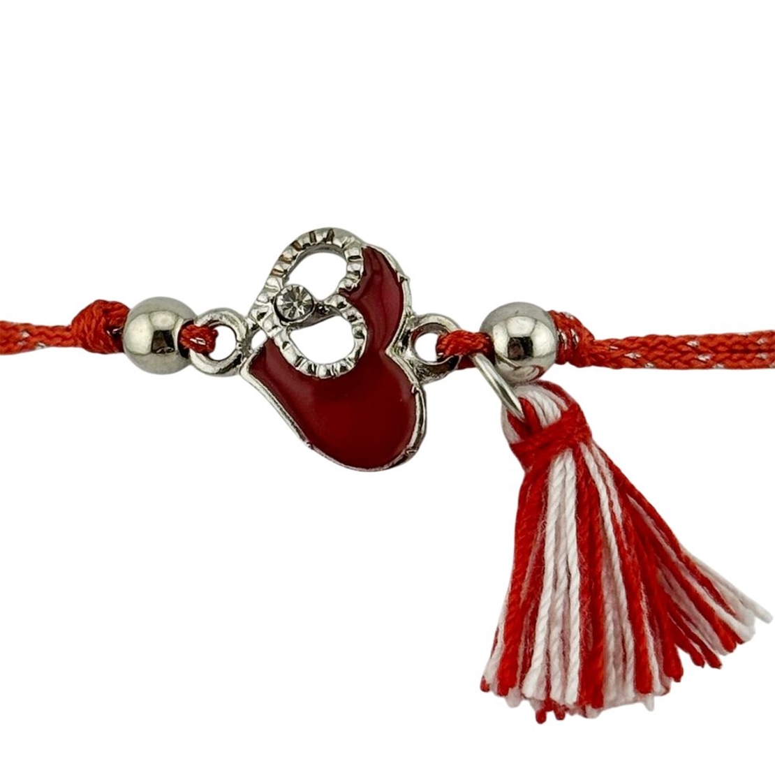 Martisor Bratara cu Ciucure pentru Dama, Jolie, Model Doua Inimi, Set 12 bucati, Pandativ din Inox cu Piatra, Snur Reglabil, Rosu/Alb