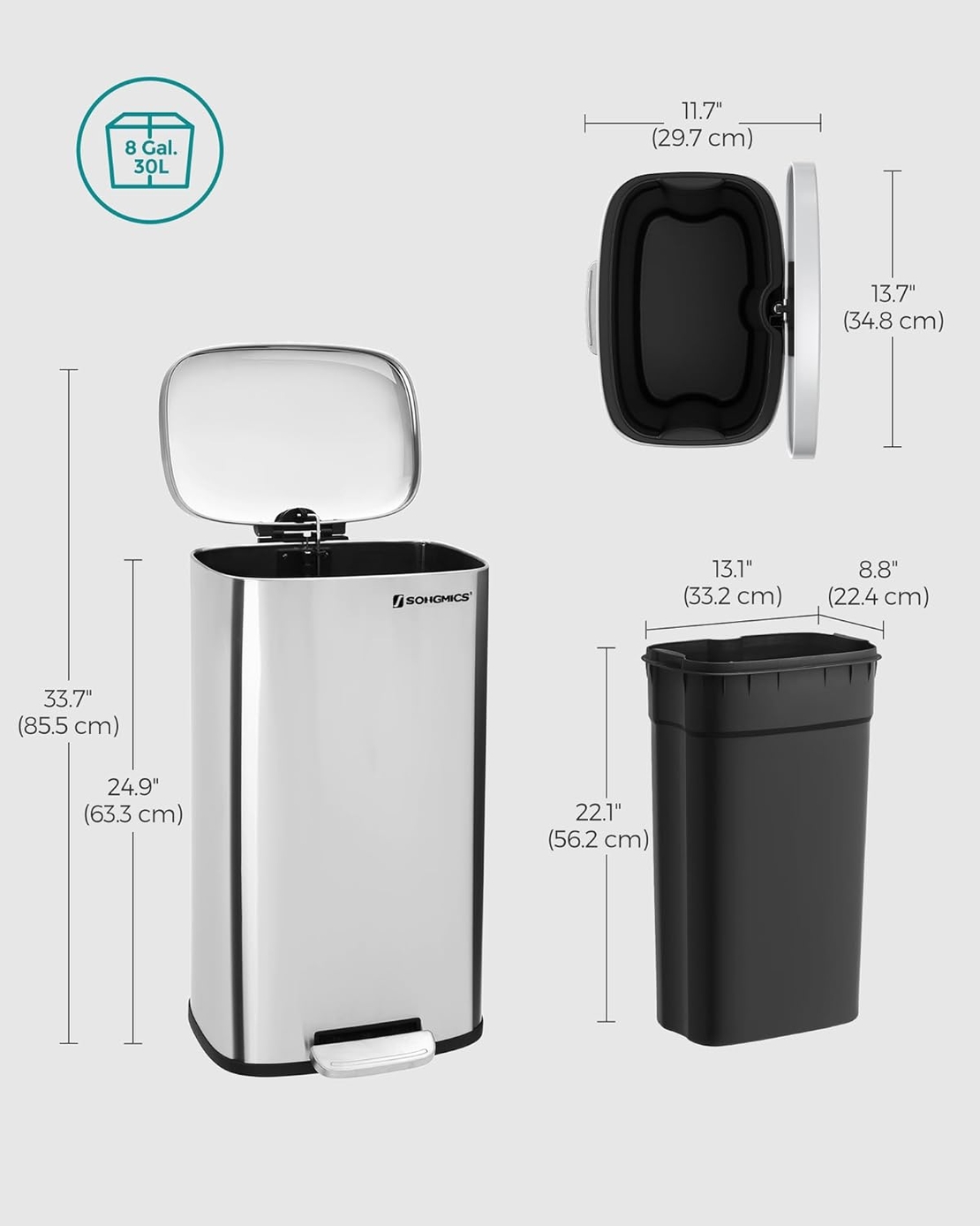 SONGMICS Cos de gunoi din otel cu pedala, galeata interioara plastic, capac inchidere lenta, 30L, 35x30x63cm, argintiu
