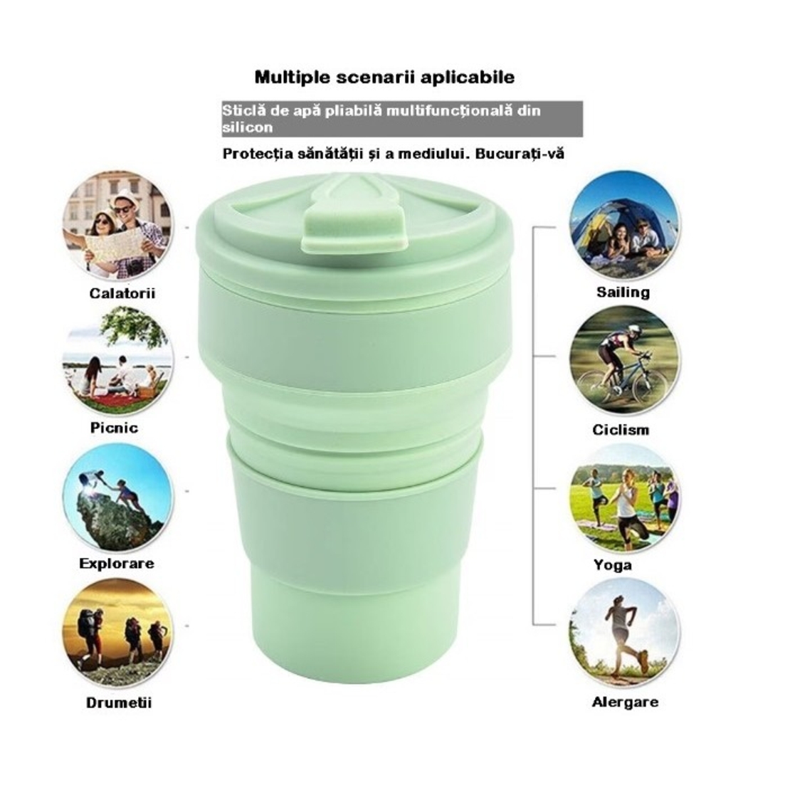 Pahar pliabil din silicon Flippy, pentru calatorii, camping, 350 ml, 8.2x6.3x9.1 cm, verde