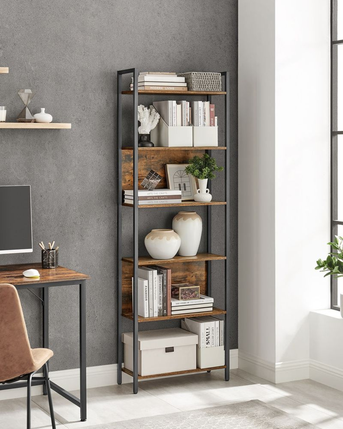 VASAGLE Biblioteca cu 6 rafturi, stil industrial, cadru metalic si PAL, 128x24x187 cm, maro rustic
