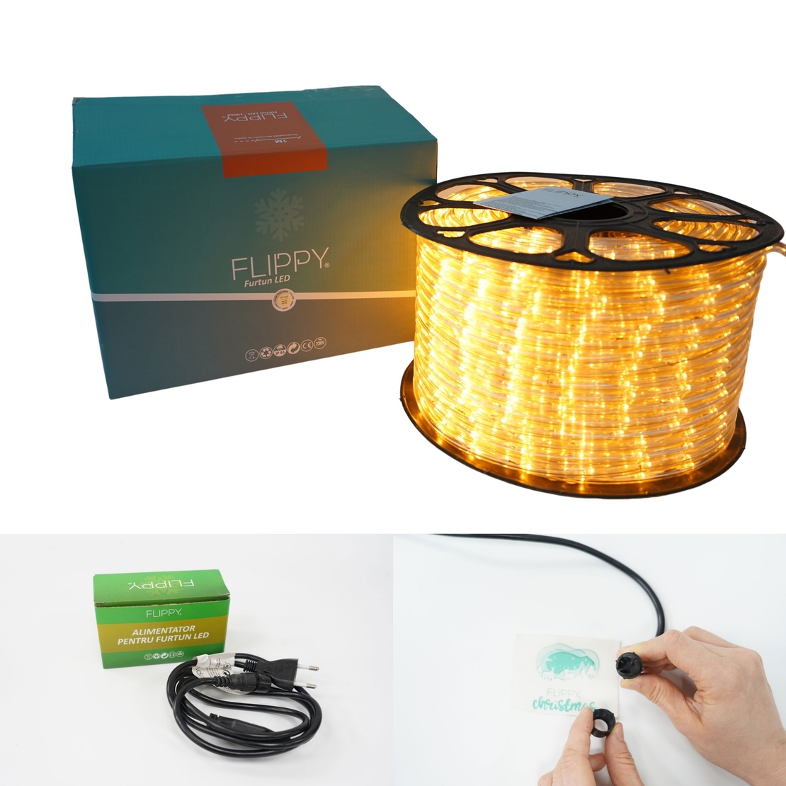 Instalatie Craciun, 38 m, 912 Led-uri, Furtun Luminos, Alb cald, Transformator, Sectionabila, 220 V, Vafy