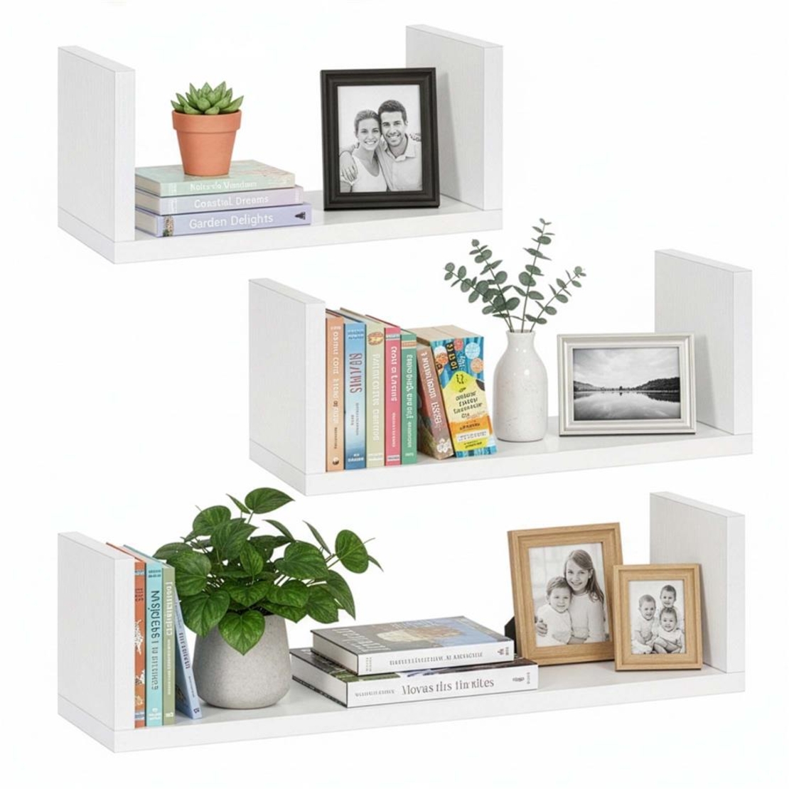 Set 3 rafturi de perete din MDF pentru decor si organizare, 30, 45 si 60 cm, alb