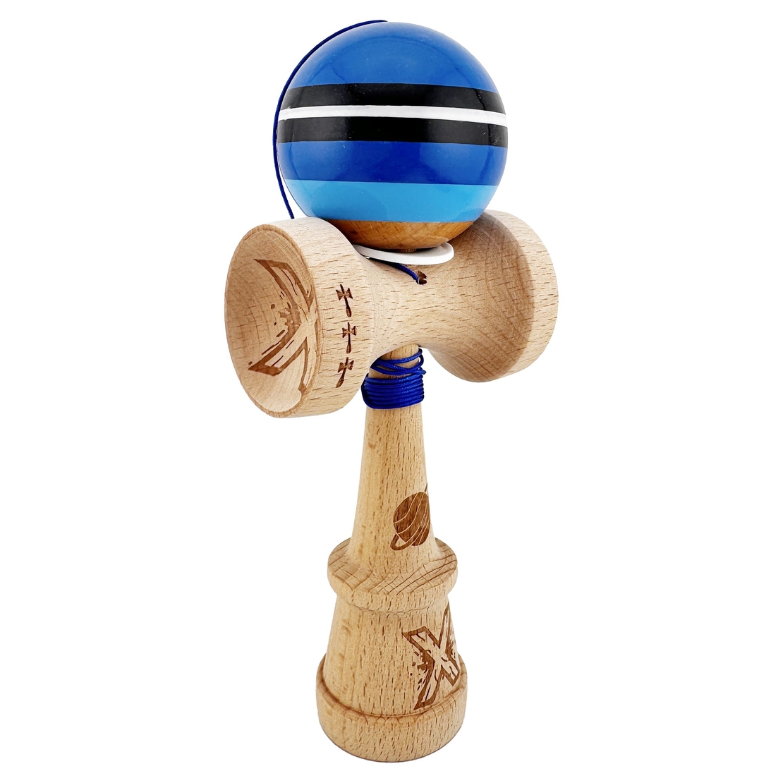 Kendama X Originala, Profesionala, Flippy, SATURN Blue Planet, Super Sticky cu Cupe Mari KING SIZE V3, Gaura in Baza, Rulment Metalic, din lemn 18 cm, Ata 62/65 cm, Albastru