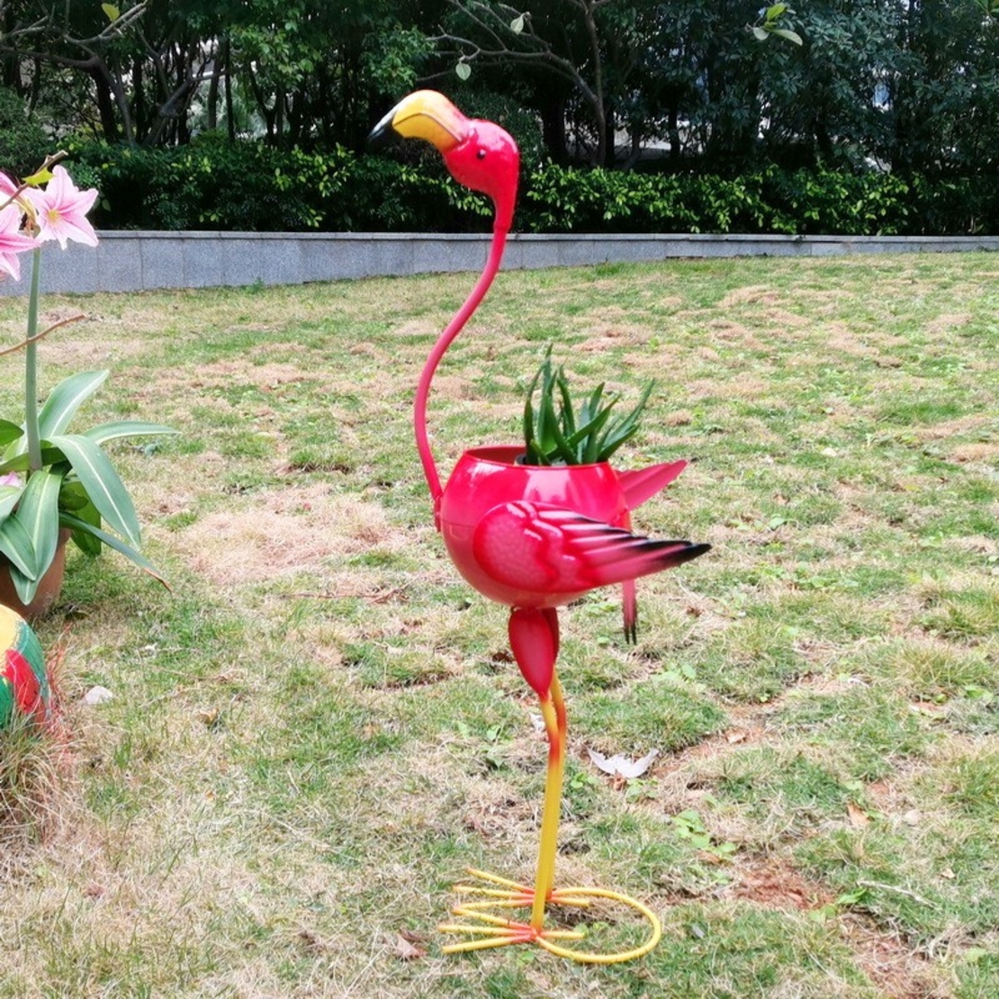 Decoratiune pentru Gradina, Vafy, Flamingo pentru Gradina cu Suport pentru Plante Flori, Ornament de Ghiveci de Flori, Model Flamingo, din Fier, 73 x 34 x 22 cm, Roz