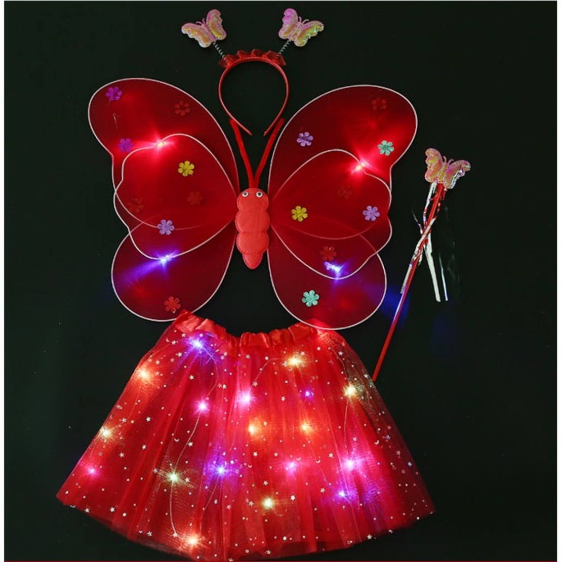 Costum Fluturas cu Aripi Modelabile Luminoase pentru Copii, Flippy, Fusta din Tul cu Lumini, Bagheta si Bentita, 4 piese, Pentru Halloween, Roleplay, Craciun, Carnaval, Paste, Ziua Copilului, Bumbac/Poliester, Marime universala, Rosu