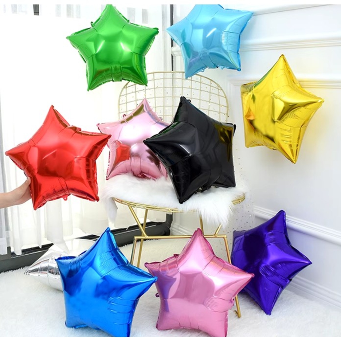 Balon din Folie Metalizata, Flippy, Figurina Stea, Model Simplu, Tematica Aniversare, 40 cm, Ambalaj Individual, Pai Inclus, Umflare cu Aer sau Heliu, Albastru