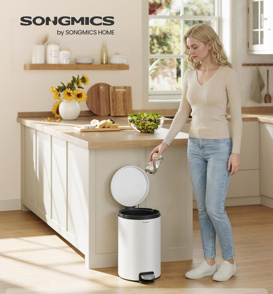 SONGMICS Cos de gunoi cu pedala 20L, capac soft close, galeata interioara detasabila, otel si plastic, 30x37x44 cm, alb