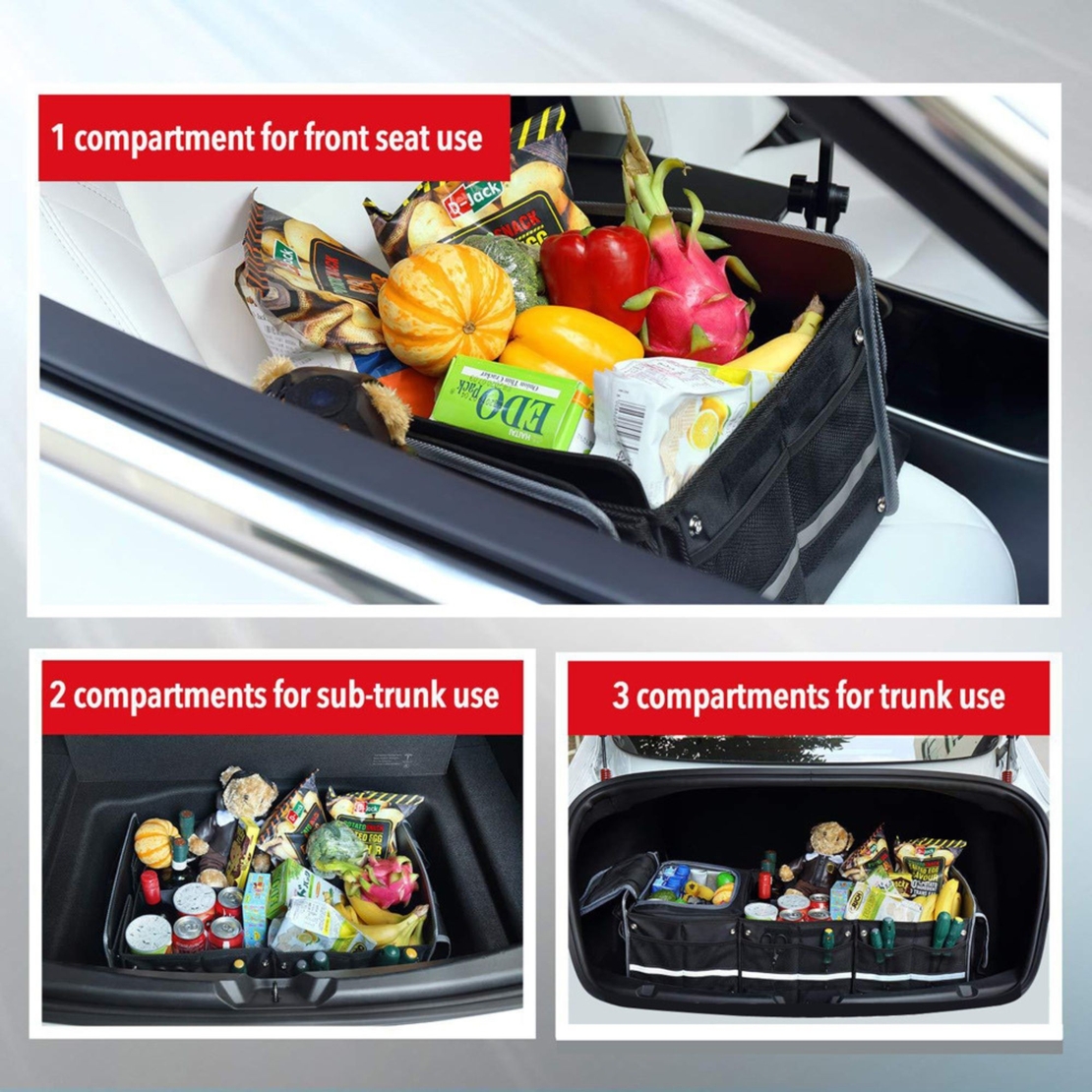Organizator Auto pentru Portbagaj, Flippy, Model Pliabil, din Panza, cu Geanta Termoizolanta Detasabila, 3 Compartimente, Curele Ajustabile, 90 x 35 x 30 cm, Negru