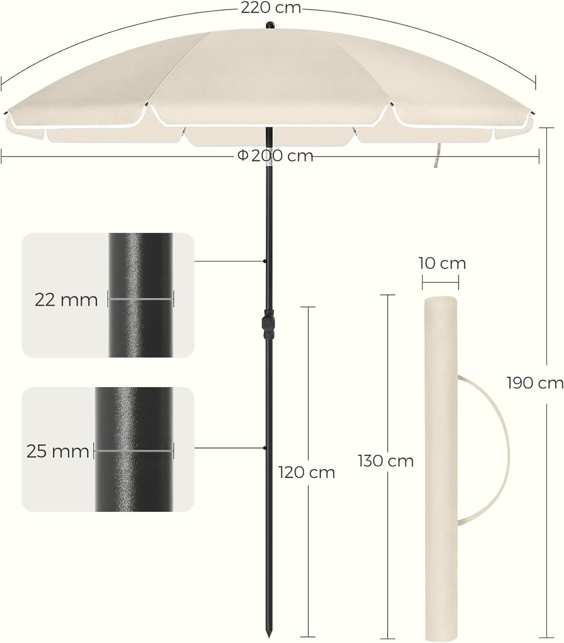 SONGMICS Umbrela terasa gradina sau plaja, cu inclinare, husa, diametru 200cm, bej