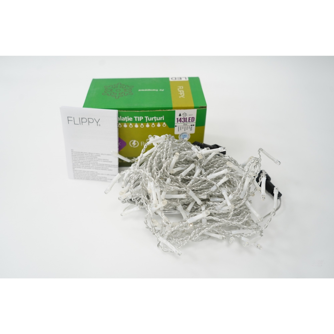 Instalatie de Craciun Flippy® Tip Turturi, Franjuri cu Flash, Sectiune 5 m, 143 LED-uri, Interconectabila, Fir Transparent, RB-RG