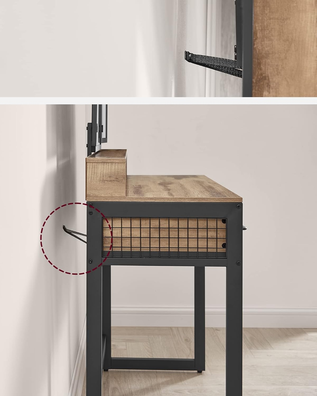 VASAGLE Masuta toaleta 90x40x141 cm, cu 3 sertare, oglinda tripla si taburet, lemn si otel, maro stejar si negru